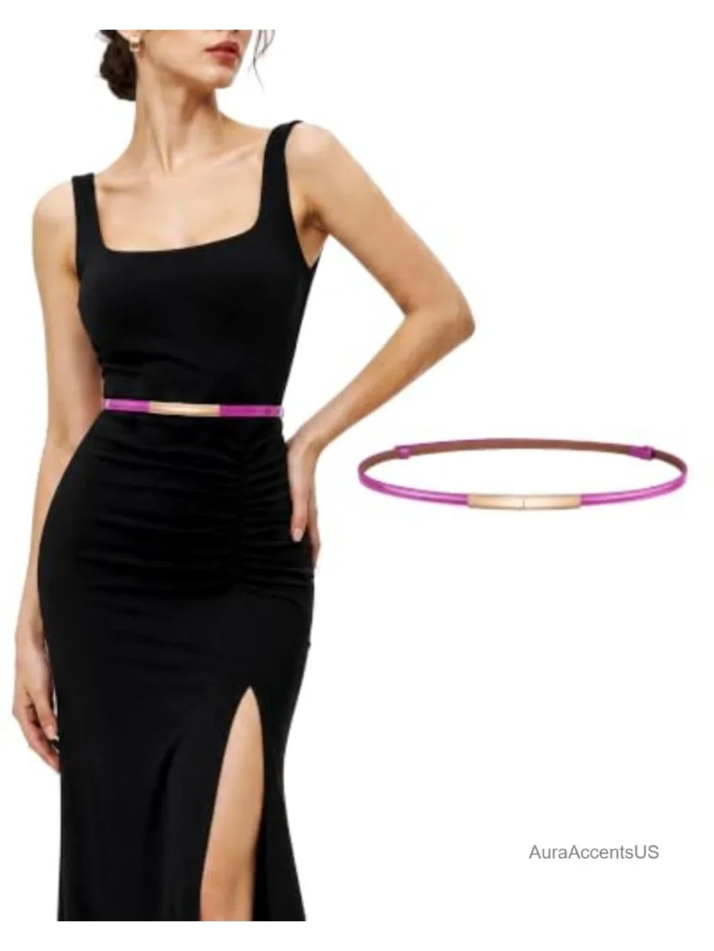 Women's Skinny Patent Leather Belt with Gold Interlocking Buckle, Adjustable